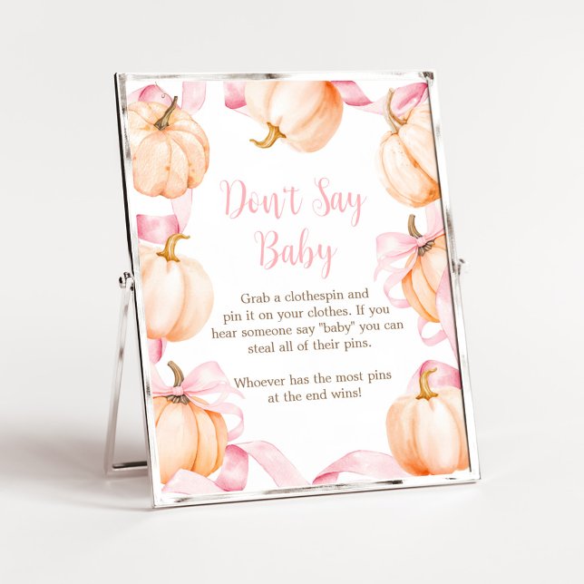 Rosa bandpumpa för baby shower - skylt som säger ' (Girl Bow Pumpkin Baby Shower Don't Say Baby Sign)