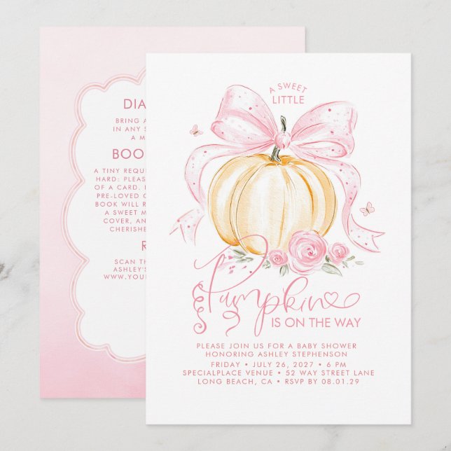 Rosa bandpumpa höst baby shower allt-i-ett inbjudningar (Fram/baksida)
