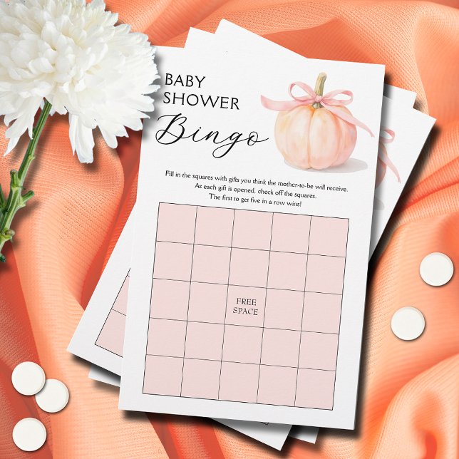 Rosa bandpumpaflicka Baby Shower Bingo-spel (Pink ribbon and bow pumpkin girl baby shower bingo game cards)