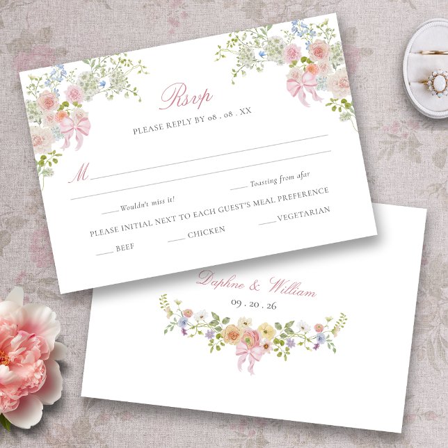 Rosa bandrosor OSA kort (Monogrammed Bows and Wildflowers Victorian Wedding RSVP Card
)