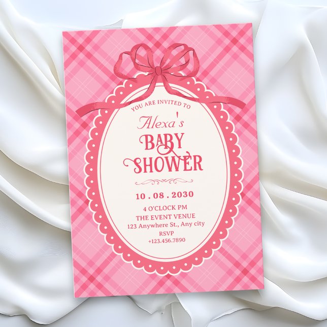 Rosa bandy babyshower i gingham inbjudningar (Skapare uppladdad)