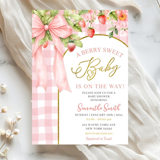 Rosa bandy jordgubbs-babyshower inbjudningar (Skapare uppladdad)