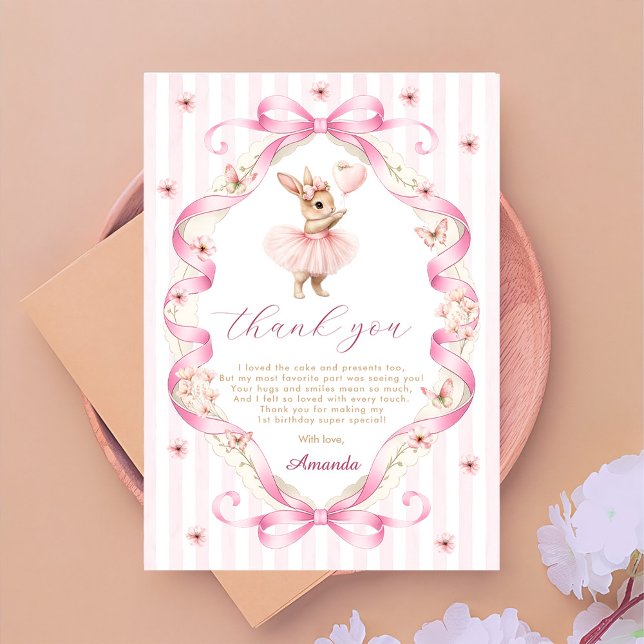 Rosa bandycheckad kanin 1-årsdag tack kort (Skapare uppladdad)