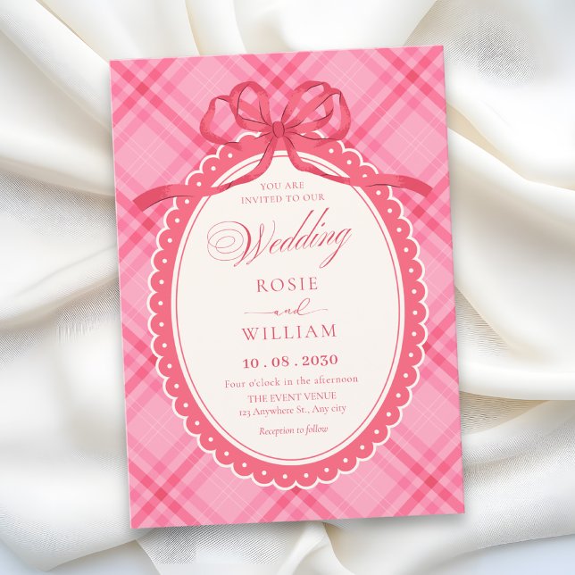 Rosa bandycheckad vigd inbjudningar (Skapare uppladdad)