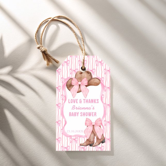 Rosa bandyrösliga cowgirl western-barnkalasgunstig presentetikett (Pink bow cowgirl western baby shower favors personalized favor gift tags)