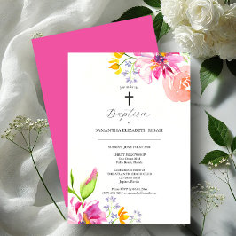 Rosa Baptism bjuder in vattenfärgsblommor Inbjudningar