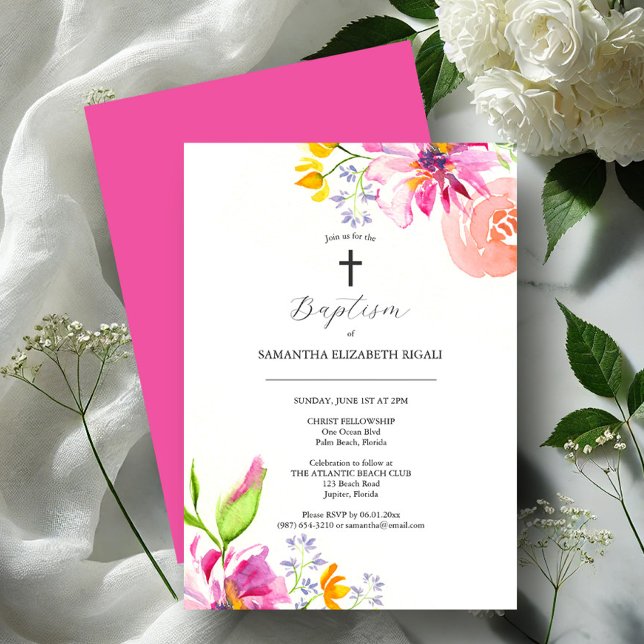 Rosa Baptism bjuder in vattenfärgsblommor Inbjudningar (Girl baptism invitations watercolor flowers art by Victoria Grigaliunas Do Tell A Belle)