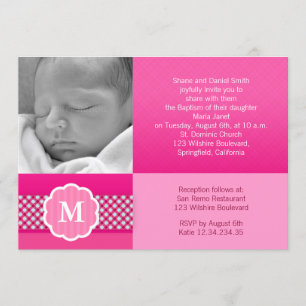 Rosa Baptism Flicka Monogram Inbjudningar
