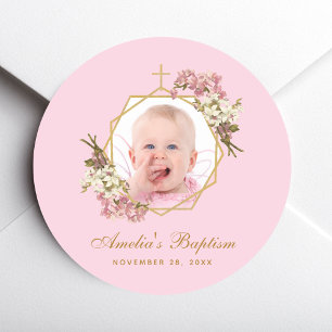 Rosa Baptism Girl Photo Guld Kor Orchids Blommigt Runt Klistermärke