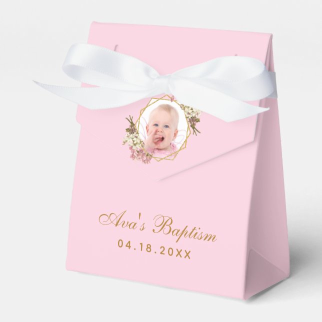 Rosa Baptism Girl Photo Orchids Guld Blommigt Presentaskar (Framsidan Sidan)