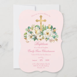 Rosa Baptism med vita blommor och Guld Kor Inbjudningar