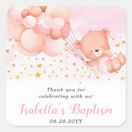 Rosa Baptism Nalle Tack Baptism-favoriter Fyrkantigt Klistermärke