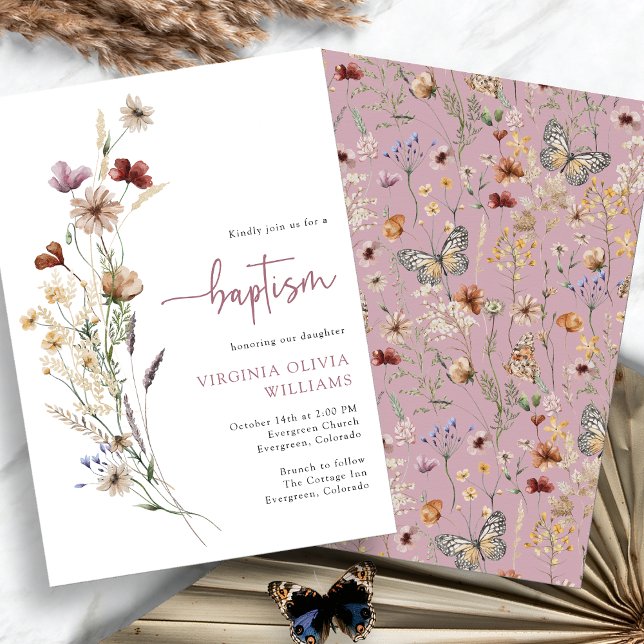 Rosa Baptism Wildblommor Inbjudningar (Dusty Pink Baptism Wildflowers Invitation by Painted Paperie)