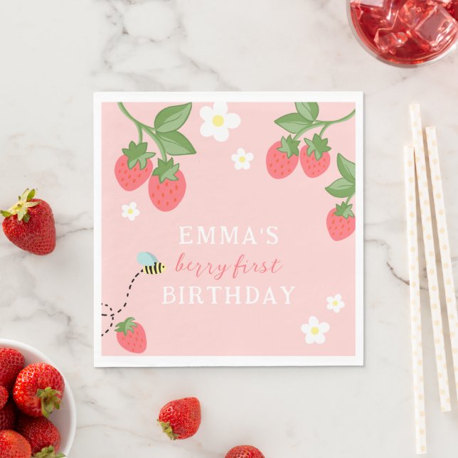 Rosa Bär Första Flickor Jordgubb 1-årsdag Pappersservett (Insitu)