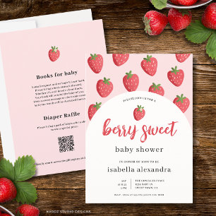 Rosa Bär Sött Jordgubbs Baby Shower Inbjudningar