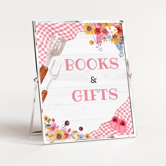 Rosa Barbeque Baby Shower Böcker och Gåvor Skylt (Girl Baby-Q Baby Shower Books and Gifts Sign)
