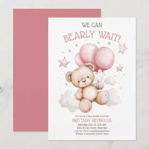 Rosa Barly Wait Bear Baby Shower Inbjudningar