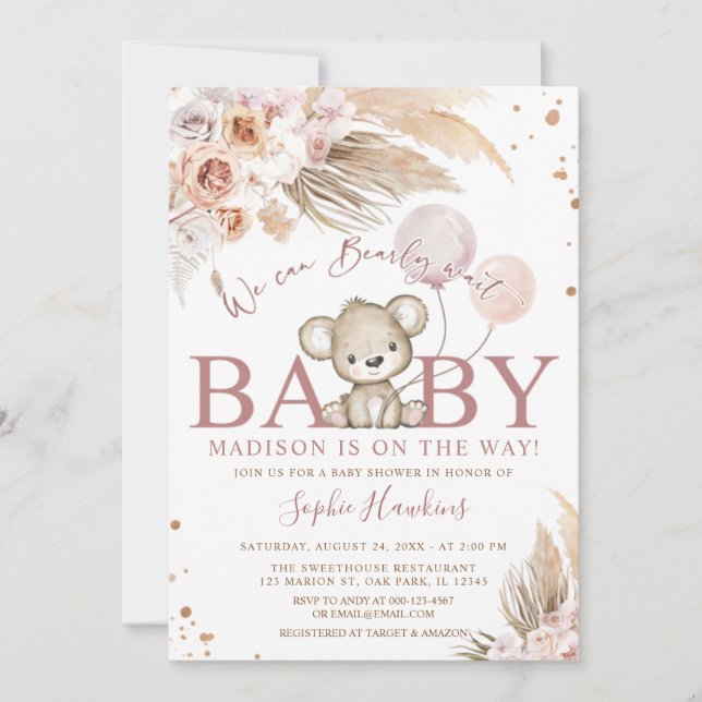 Rosa Barly Wait Boho Nalle Girl Baby Shower Inbjudningar (Framsida)