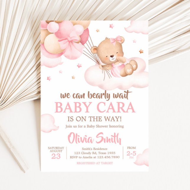 Rosa Barly Wait Clouds Baby Shower Inbjudningar (Pink Bear Clouds Baby Shower Invitation)