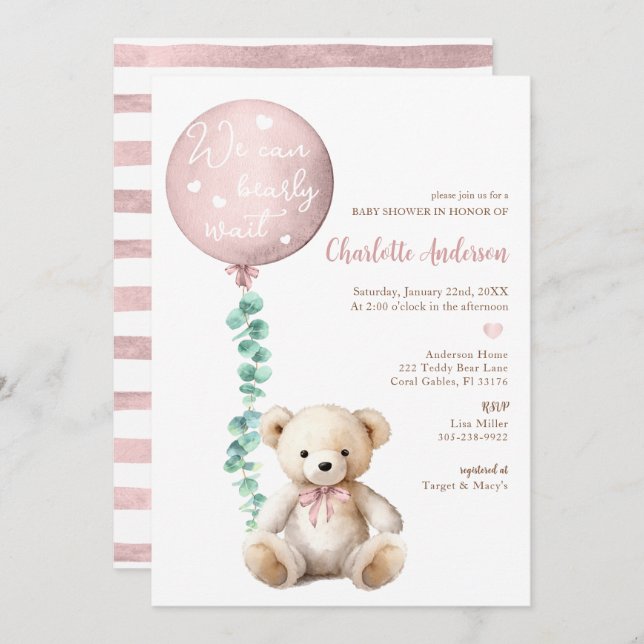 Rosa Barly Wait Eucalyptus Baby Shower Inbjudan (Fram/baksida)
