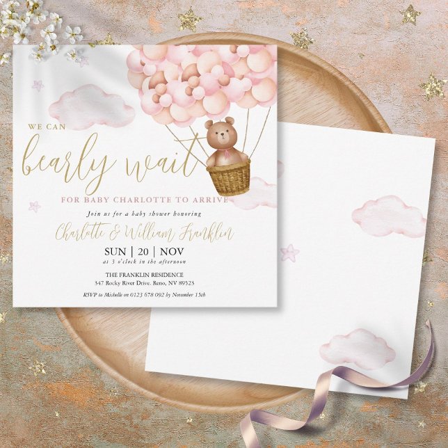 Rosa Barly Wait Nalle Girl Baby Shower Inbjudningar (Pink Bearly Wait Teddy Bear Girl Baby Shower Invitation)