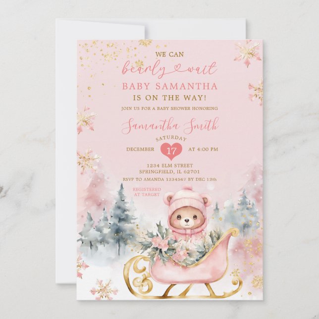 Rosa Barly Wait Winter Forest Baby Shower Bear Inbjudningar (Framsida)
