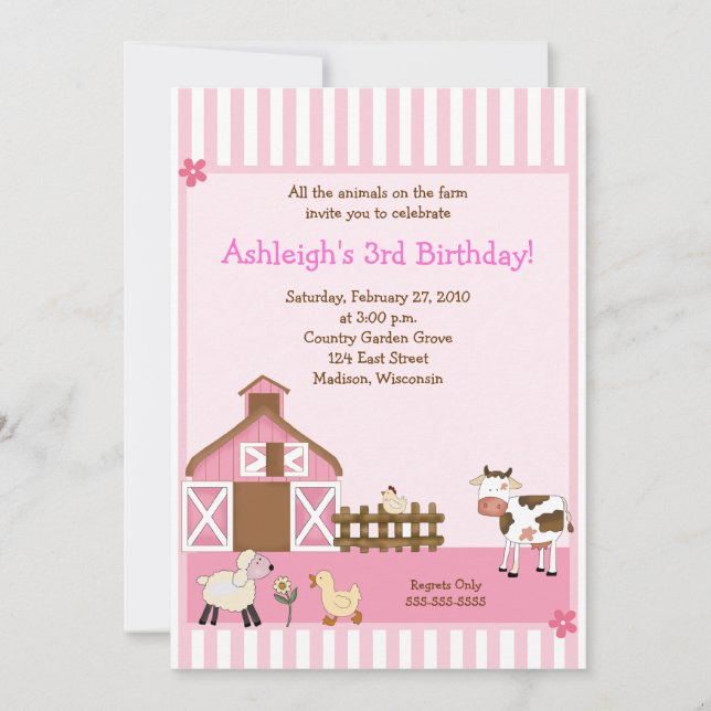 Rosa Barn Animal Farm yard Birthday Inbjudningar (Framsida)