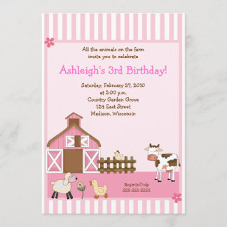Rosa Barn Animal Farm yard Birthday Inbjudningar