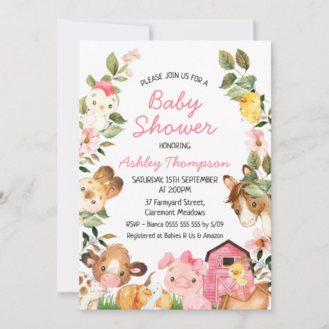 Rosa Barn Baby Shower i färglös Boskap  Inbjudningar (Framsida)