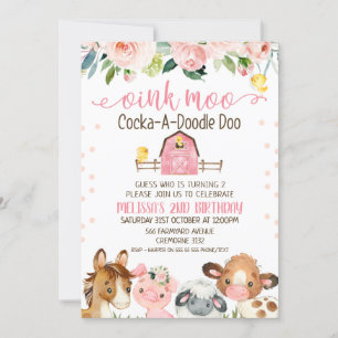 Rosa Barn Blommigt Farm Animal Birthday Call Inbjudningar