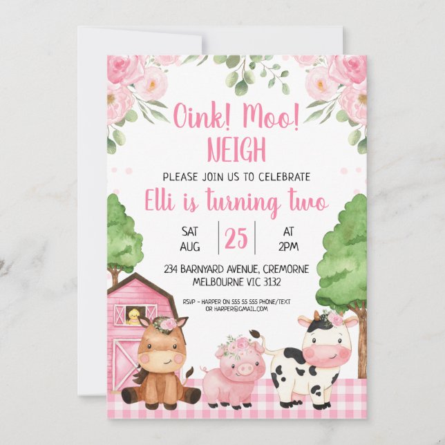 Rosa Barn Blommigt Farm Oink Baa Neigh Birthday Inbjudningar (Framsida)