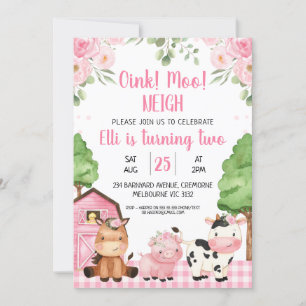 Rosa Barn Blommigt Farm Oink Baa Neigh Birthday Inbjudningar