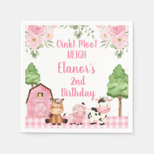 Rosa Barn Blommigt Farm Oink Baa Neigh Birthday Pappersservett