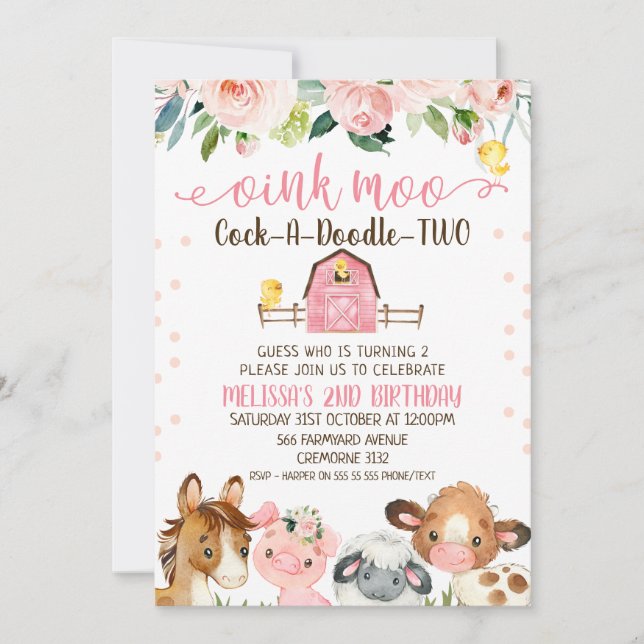 Rosa Barn Cock-a-Doodle-TWO Djurfödelsedag Inbjudningar (Framsida)