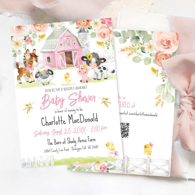 Rosa Barn Farm Barnyard Animals Blommigt Baby Show Inbjudningar (Udderly adorable watercolor floral pink barn farm animals cow chick sunflower bows baby girl shower)