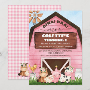 Rosa Barn Oink Baa Moo Boskap Birthday Inbjudningar