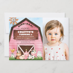Rosa Barn Oink Baa Moo Boskap Photo Birthday Inbjudningar