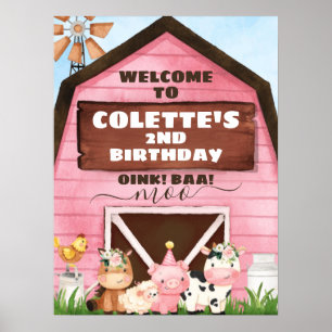 Rosa Barn Oink Baa Moo Farm Birthday Välkommen Poster