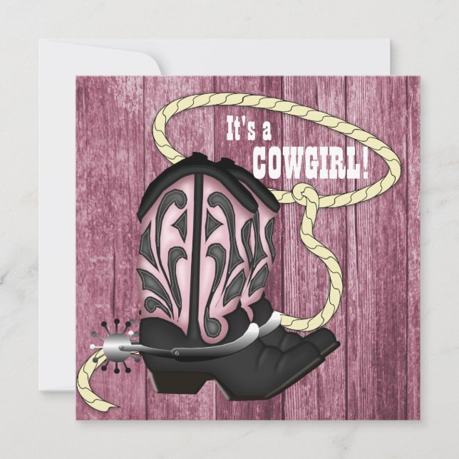 Rosa Barn Wood Cowgirl Baby Shower Inbjudningar (Framsida)