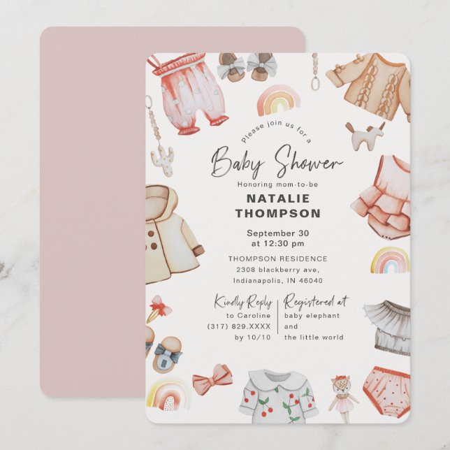 Rosa Barnkläder & Leksaker Baby Shower Inbjudningar (Fram/baksida)