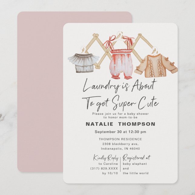 Rosa Barnkläder Tvätt Cute Baby Shower Inbjudningar (Fram/baksida)