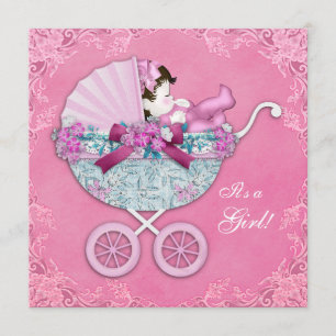 Rosa barnvagn Babyflicka Shower Inbjudningar