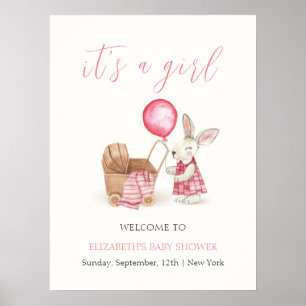 Rosa Barnvagn Bunny Balloon Baby Shower Välkommen Poster