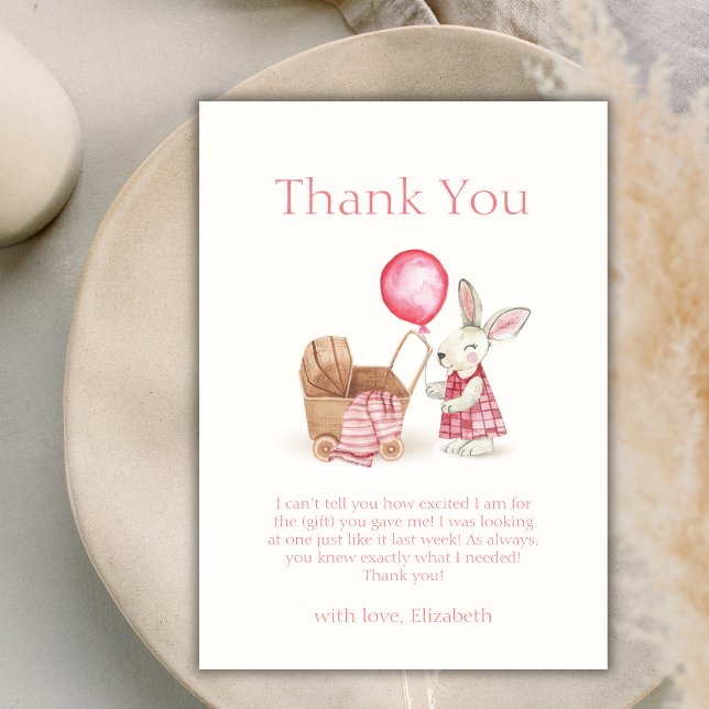Rosa Barnvagn Bunny Balloon Girl Baby Shower Tack Kort (Pink Stroller Bunny Balloon Girl Baby Shower Thank You Card)