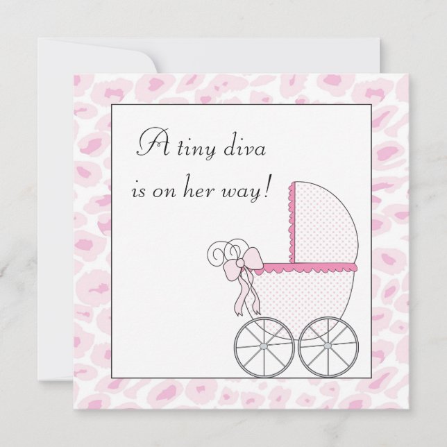 Rosa barnvagn diva leopard baby girl shower inbjudningar (Framsida)