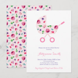 Rosa Barnvagn for Girl Blommigt Baby Shower Inbjudningar