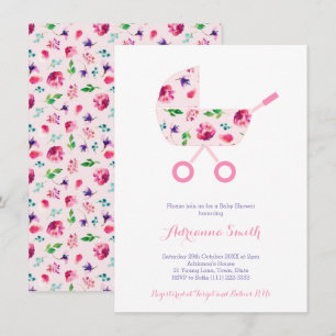 Rosa Barnvagn for Girl Blommigt Baby Shower Inbjudningar
