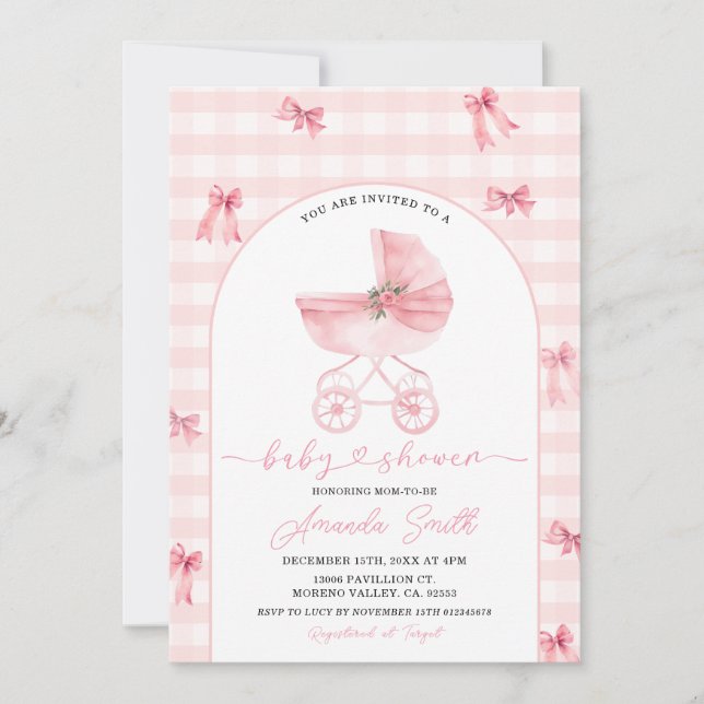  Rosa Barnvagn Gingham Bow Girl Baby Shower Inbjudningar (Framsida)