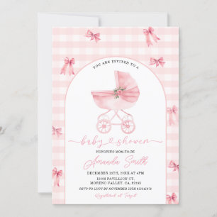 Rosa Barnvagn Gingham Bow Girl Baby Shower Inbjudningar