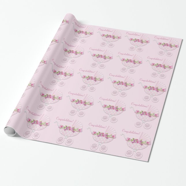 Rosa barnvagnsbebis flicka presentpapper (Utrullad)